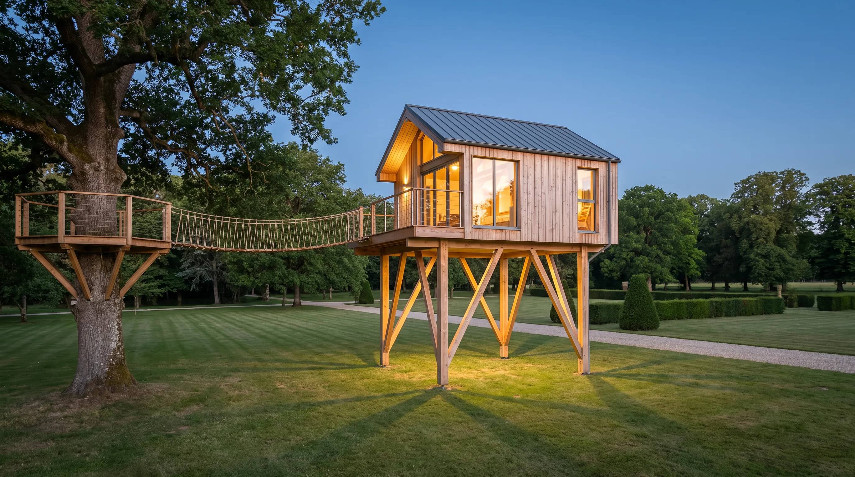 Cabane en mélèze sur pilotis dans le parc d'un château, reliée par une passerelle suspendue à une plateforme autour d'un chêne