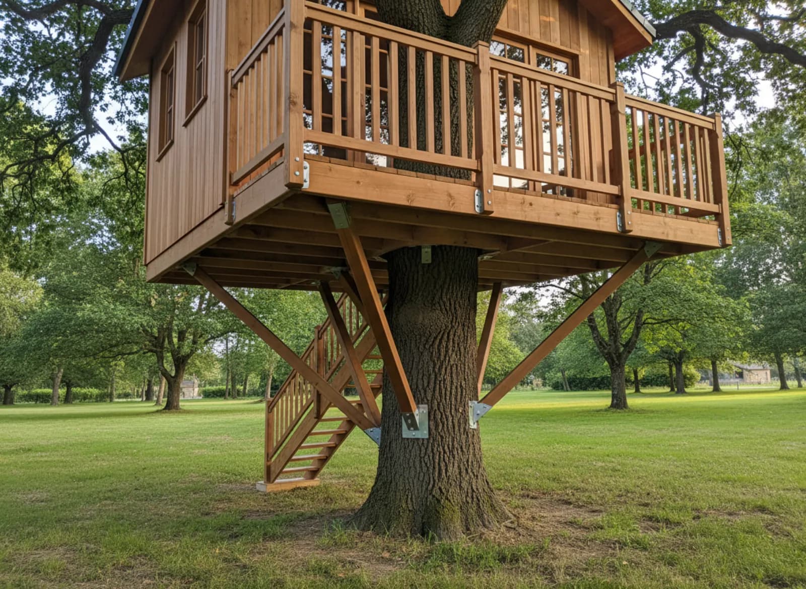 Cabane perchée en bois neuf dans un grand chêne, plateforme portée par des jambes de force