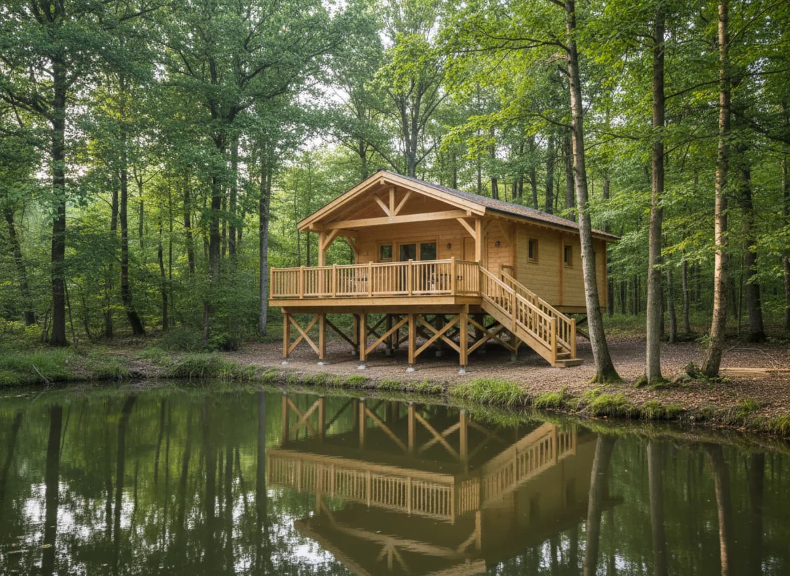 Cabane en bois neuve sur pilotis au bord d’un étang, terrasse tournée vers l’eau